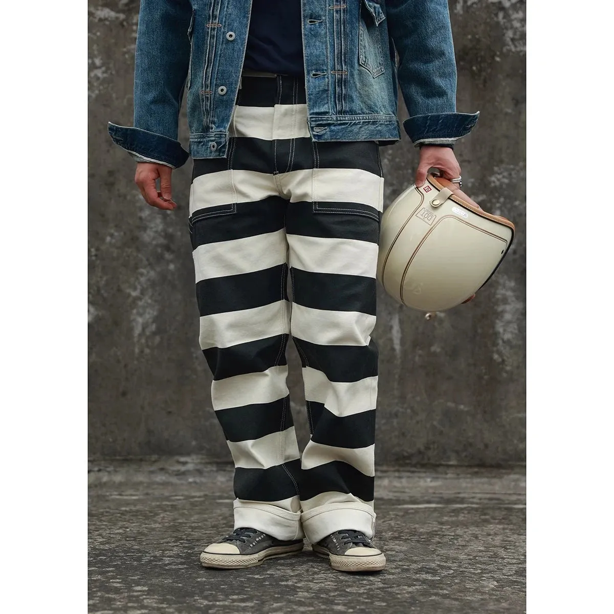 16oz Prison Pants Multi-Pockets Motorcycle Trousers - Black White Striped