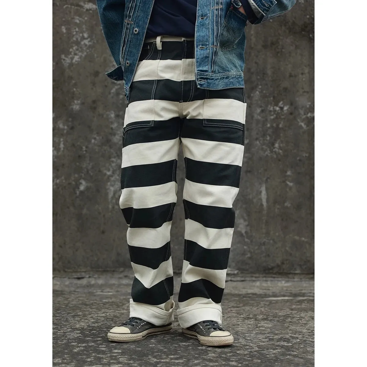 16oz Prison Pants Multi-Pockets Motorcycle Trousers - Black White Striped