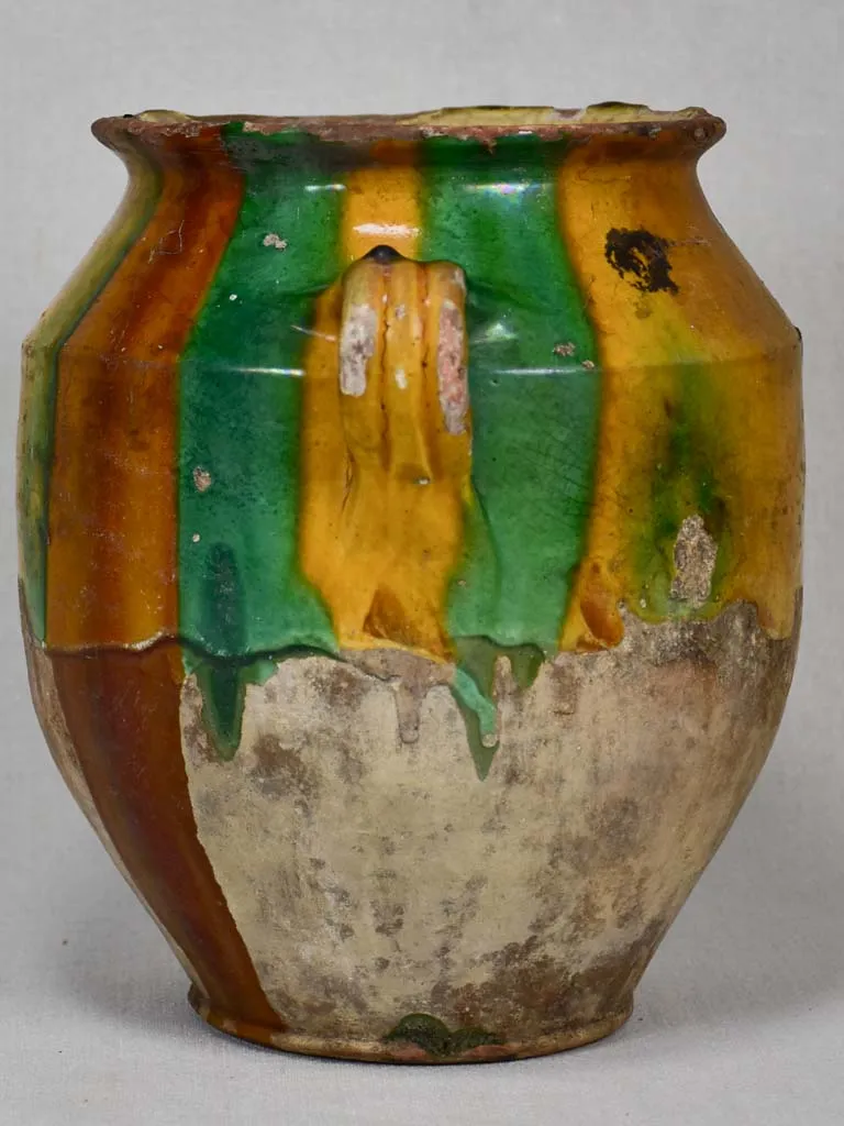 19th-century French confit pot with yellow and green glaze 11"