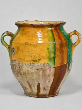 19th-century French confit pot with yellow and green glaze 11"