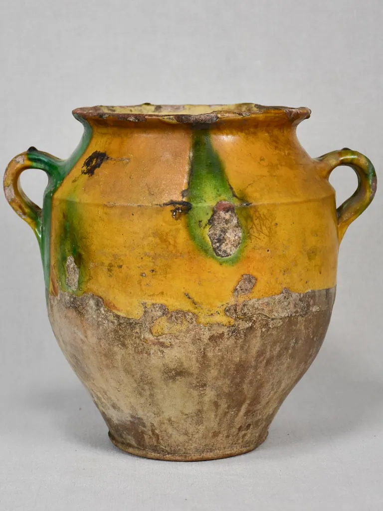 19th-century French confit pot with yellow and green glaze 11"