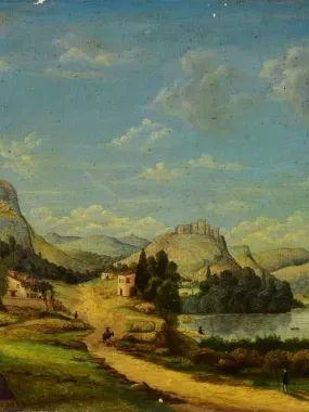 19th Century landscape painting. Oil on canvas, likely Swiss 17¼ x 14¼""