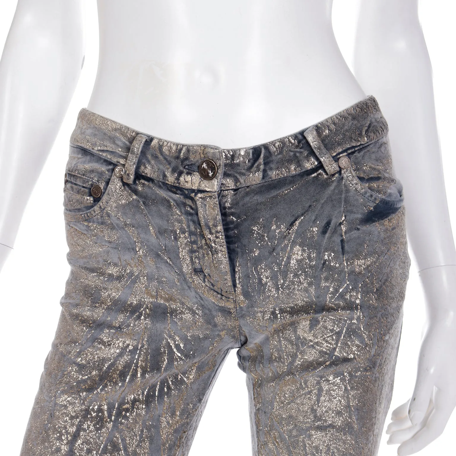 2000s Roberto Cavalli Gold Painted Grey Stretch Cotton Velvet Jeans