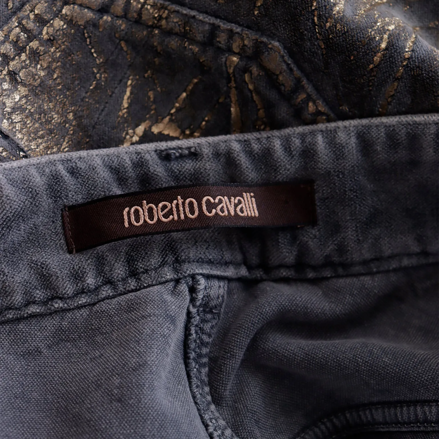 2000s Roberto Cavalli Gold Painted Grey Stretch Cotton Velvet Jeans