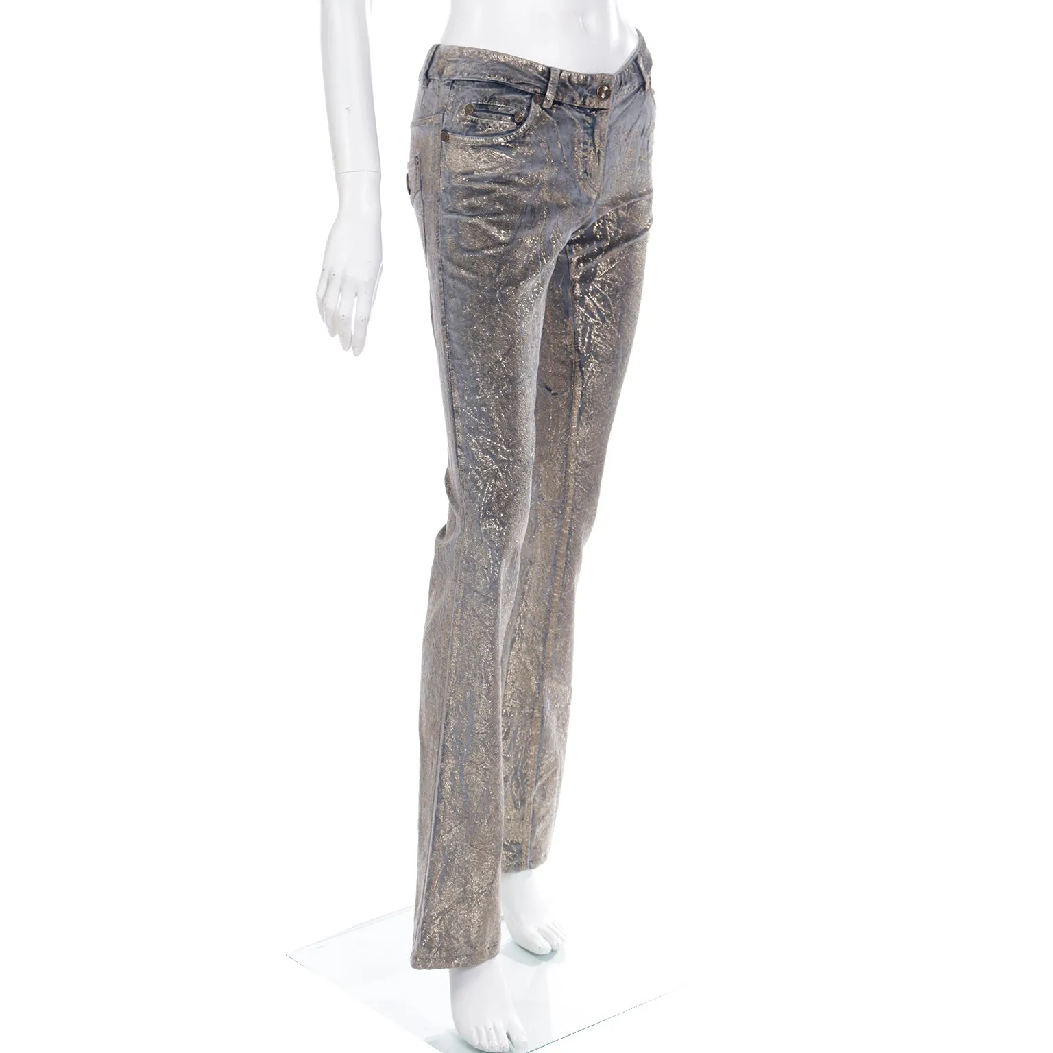 2000s Roberto Cavalli Gold Painted Grey Stretch Cotton Velvet Jeans