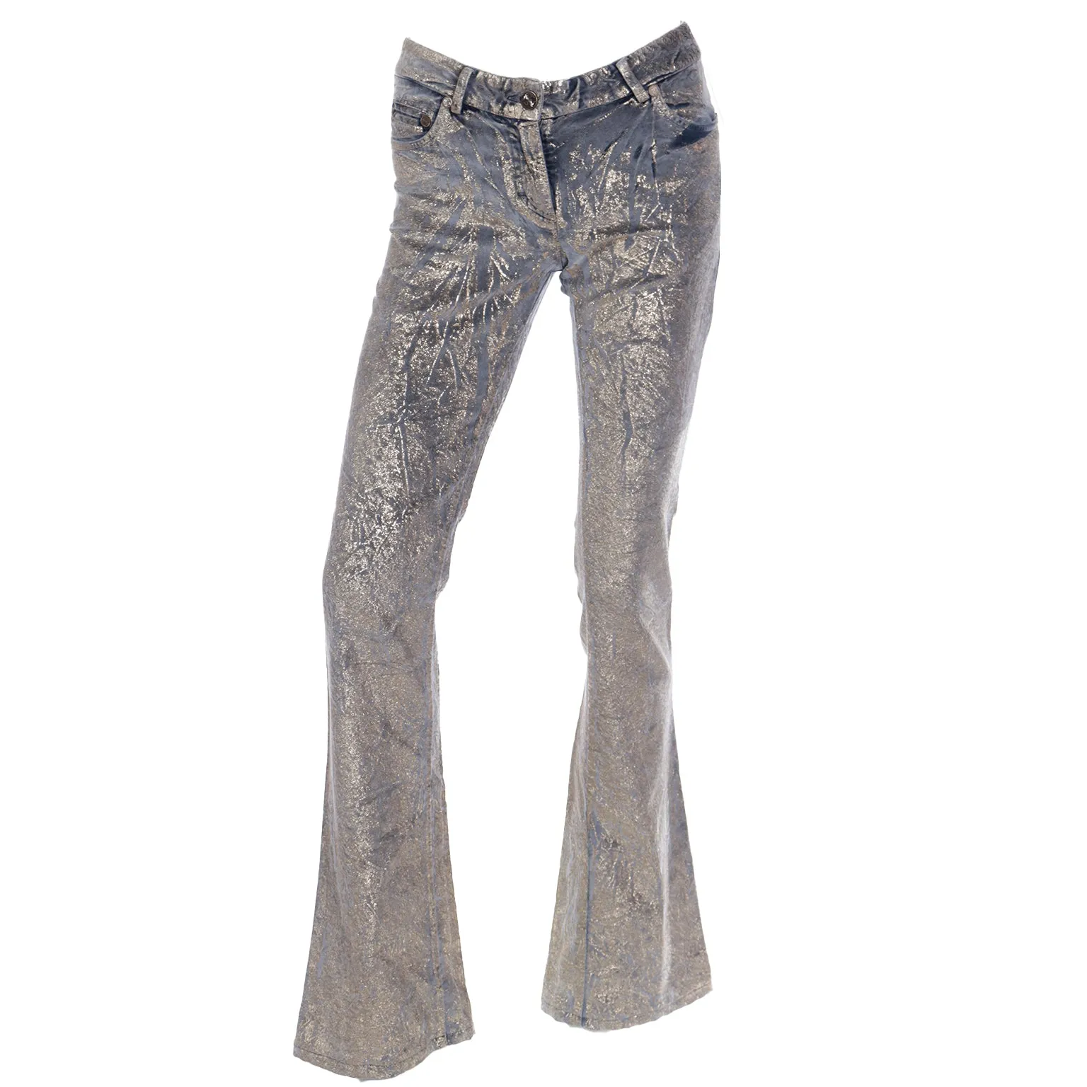 2000s Roberto Cavalli Gold Painted Grey Stretch Cotton Velvet Jeans