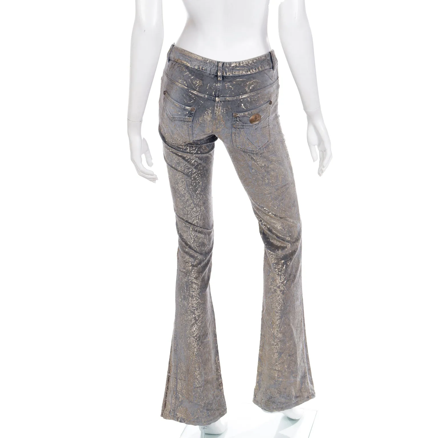 2000s Roberto Cavalli Gold Painted Grey Stretch Cotton Velvet Jeans