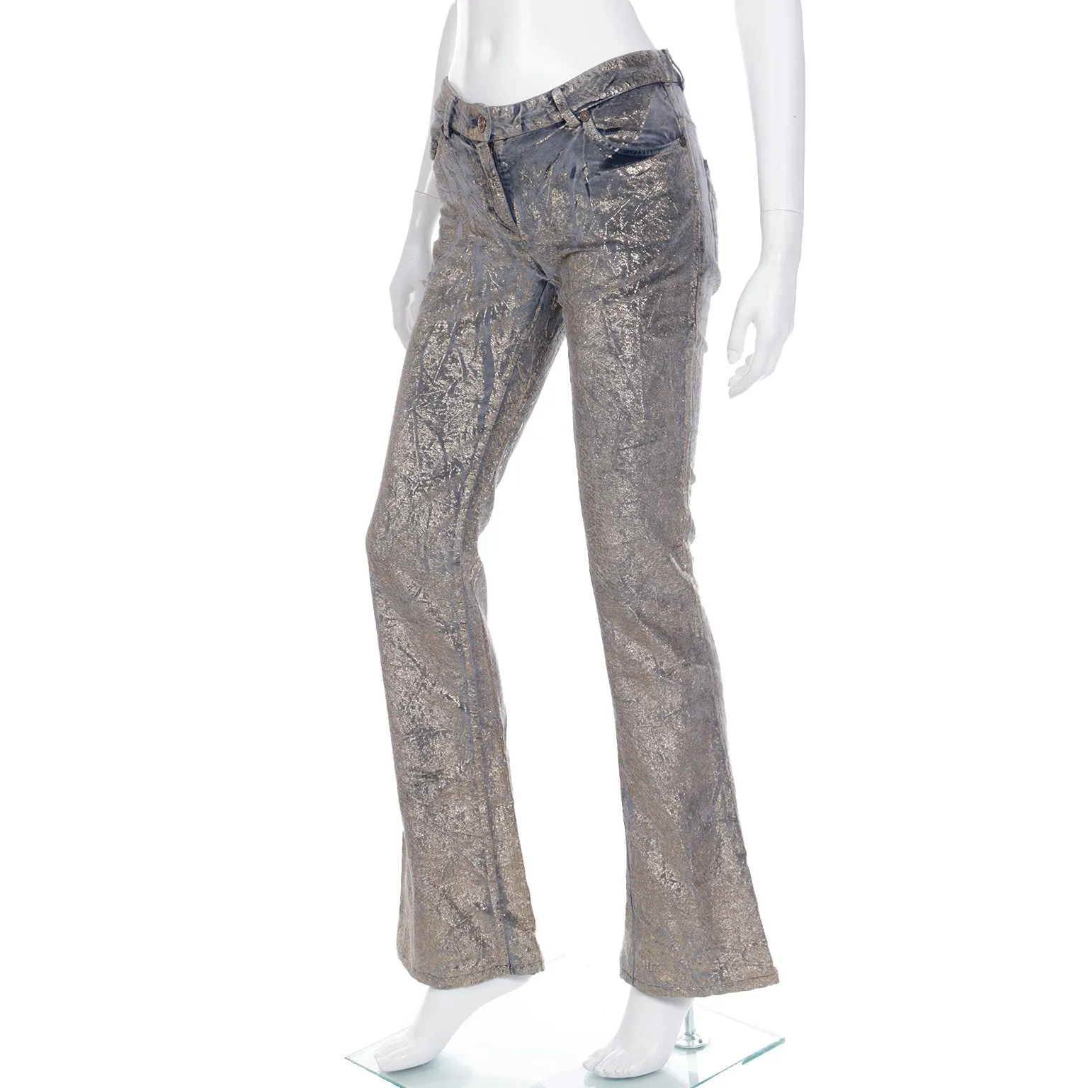 2000s Roberto Cavalli Gold Painted Grey Stretch Cotton Velvet Jeans