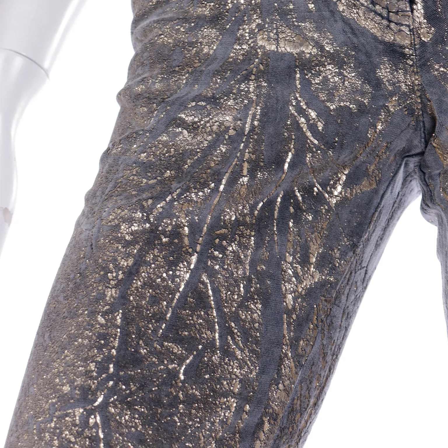 2000s Roberto Cavalli Gold Painted Grey Stretch Cotton Velvet Jeans