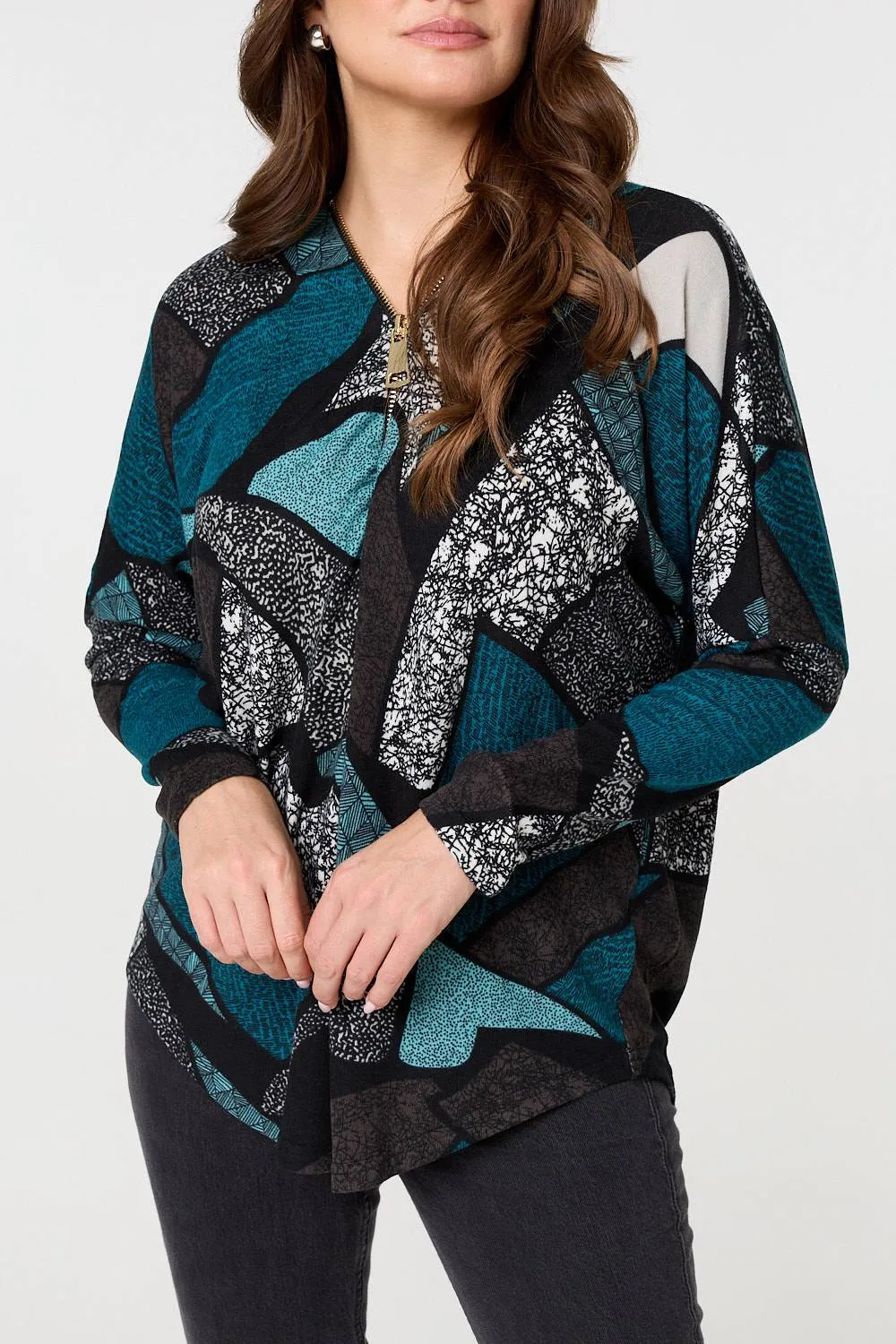 Abstract Print Zip-Front Long Sleeve Top