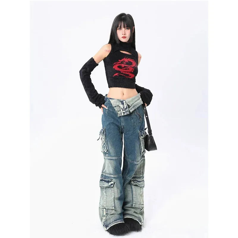 Aiertu Blue Jeans Women Streetwear Fashion Y2K High Waist American Wide Leg Pants Denim Female Pants Autumn Straight Trousers