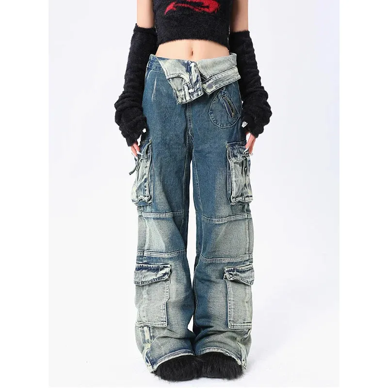 Aiertu Blue Jeans Women Streetwear Fashion Y2K High Waist American Wide Leg Pants Denim Female Pants Autumn Straight Trousers