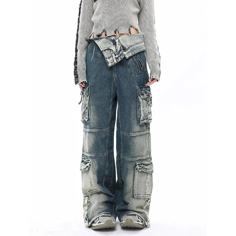 Aiertu Blue Jeans Women Streetwear Fashion Y2K High Waist American Wide Leg Pants Denim Female Pants Autumn Straight Trousers