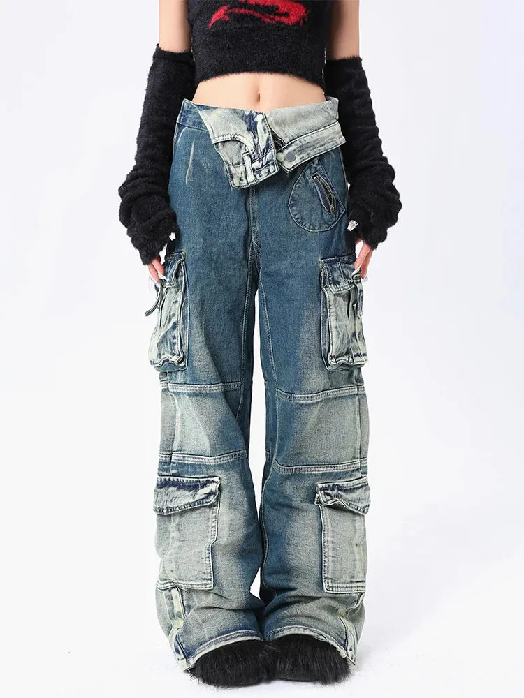 Aiertu Blue Jeans Women Streetwear Fashion Y2K High Waist American Wide Leg Pants Denim Female Pants Autumn Straight Trousers