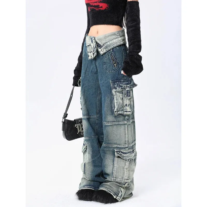 Aiertu Blue Jeans Women Streetwear Fashion Y2K High Waist American Wide Leg Pants Denim Female Pants Autumn Straight Trousers