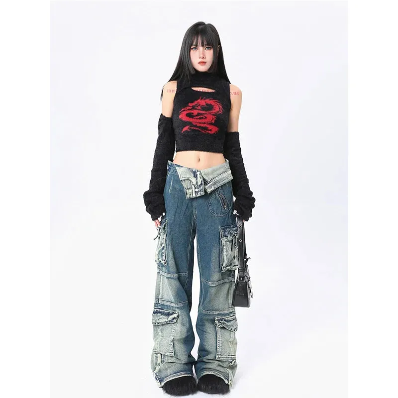 Aiertu Blue Jeans Women Streetwear Fashion Y2K High Waist American Wide Leg Pants Denim Female Pants Autumn Straight Trousers