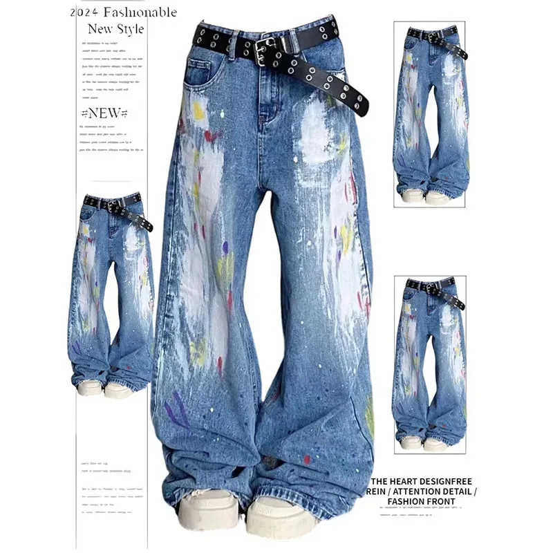 Aiertu Women's Blue Baggy Jeans Vintage Streetwear High Waist Oversize Cowboy Pants Harajuku Aesthetic Wide Denim Trousers Y2k Clothes