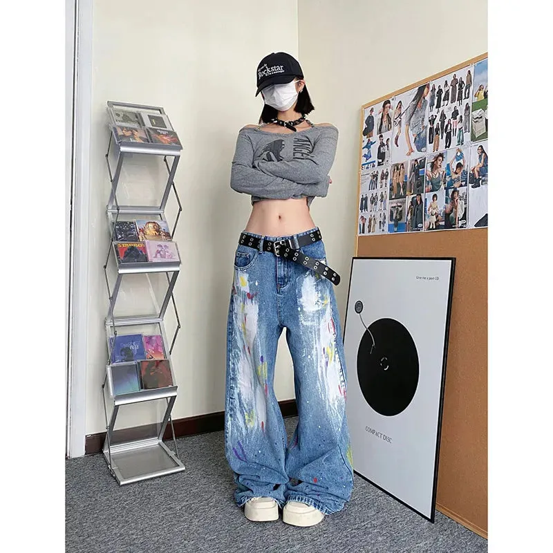 Aiertu Women's Blue Baggy Jeans Vintage Streetwear High Waist Oversize Cowboy Pants Harajuku Aesthetic Wide Denim Trousers Y2k Clothes