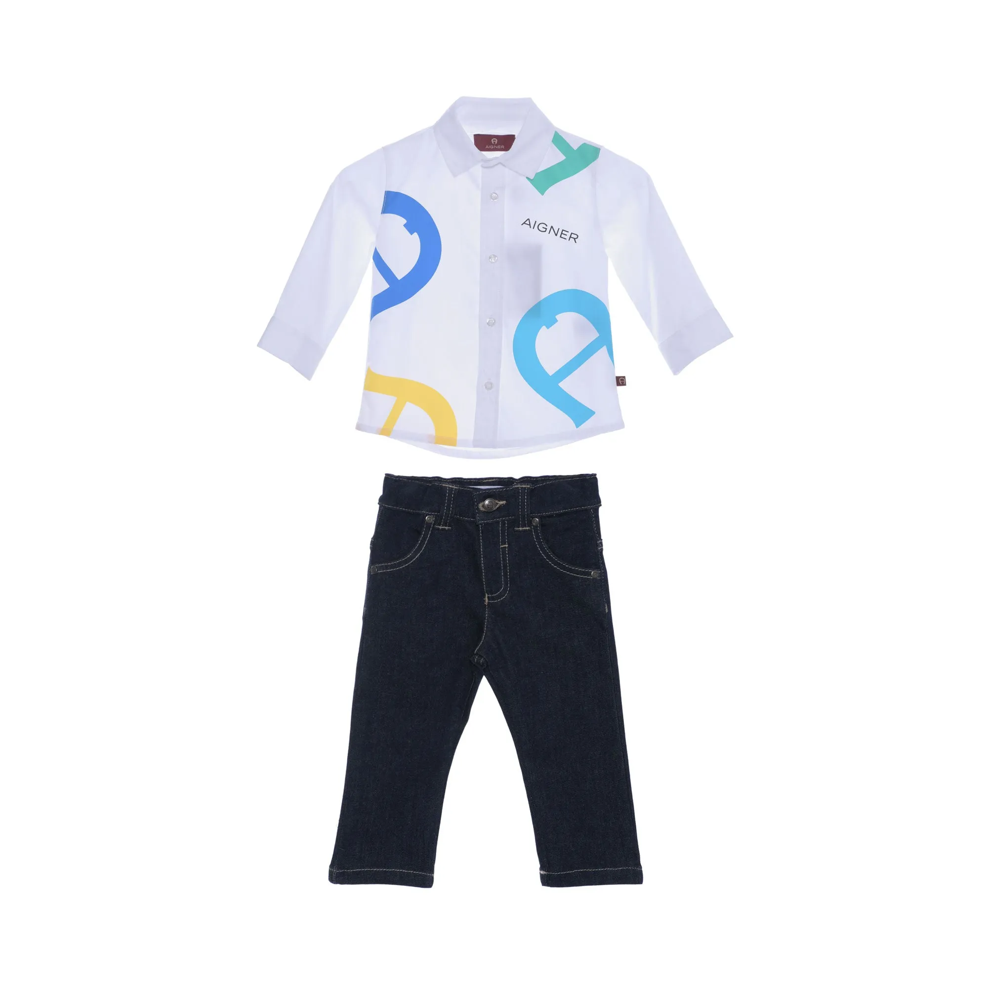 Aigner Kids Bright White & Denim Shirt and Trouser Set