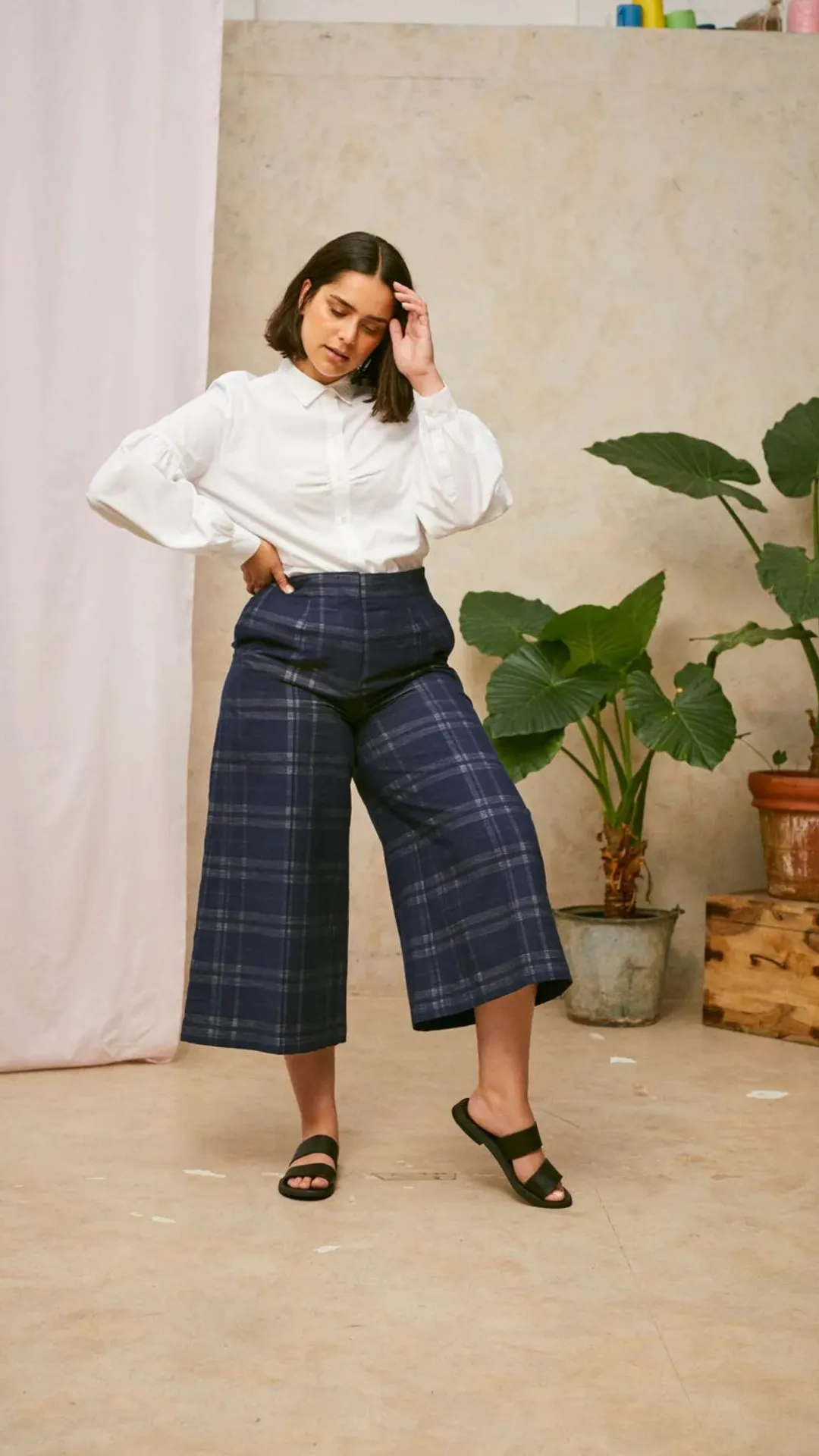 Amelia Wide Leg Culotte Trousers in Navy Check Deadstock Cotton by Saywood