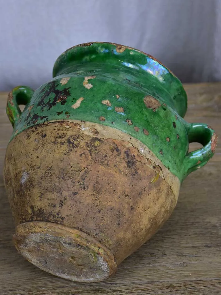 Antique French confit pot with green glaze 10¾"