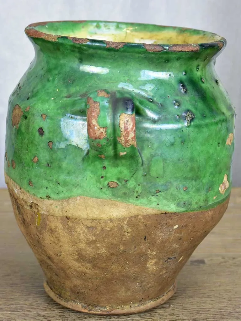 Antique French confit pot with green glaze 10¾"