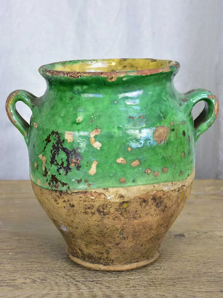 Antique French confit pot with green glaze 10¾"