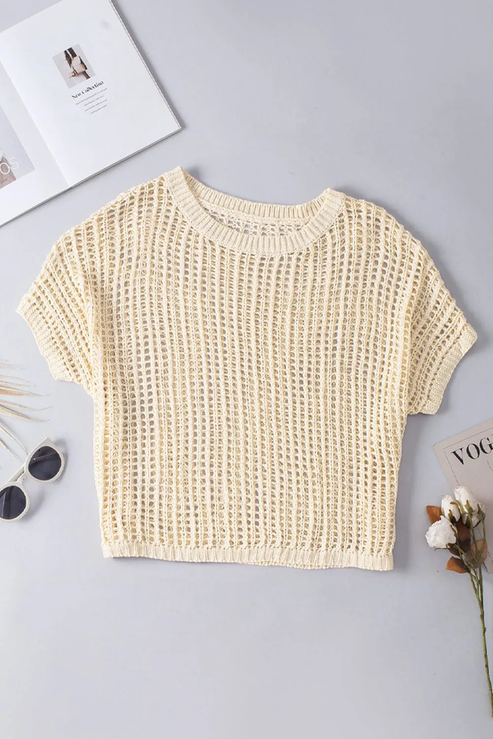 Apricot Mesh Detail Round Neck Short Sleeve Sweater Top