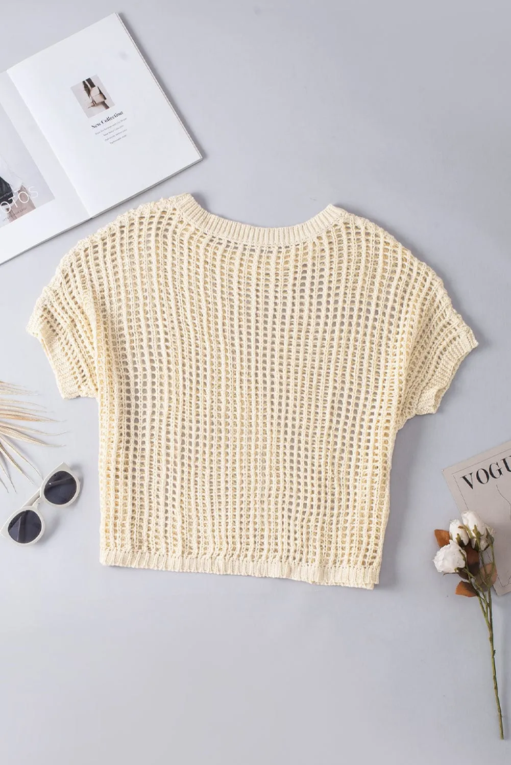 Apricot Mesh Detail Round Neck Short Sleeve Sweater Top