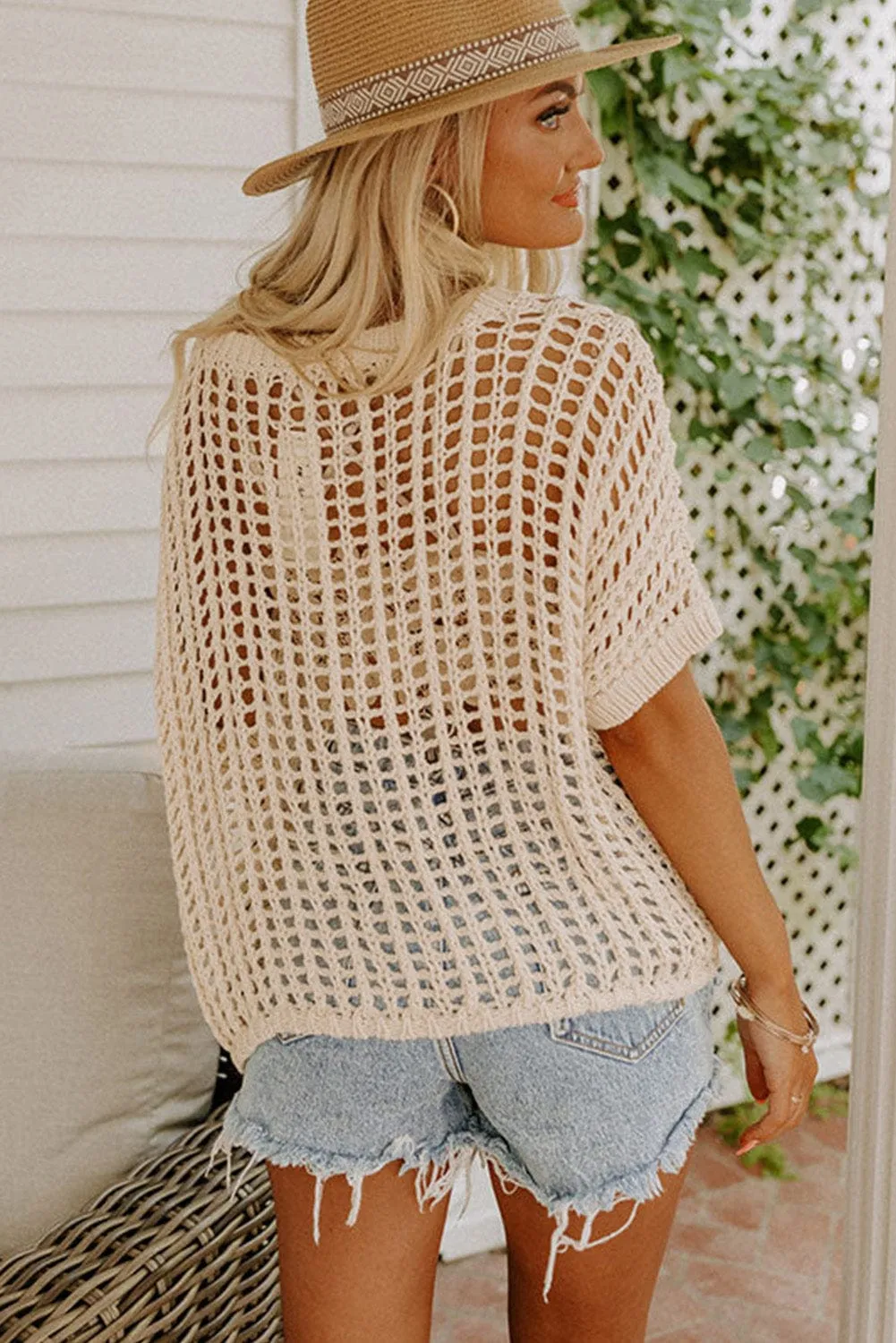 Apricot Mesh Detail Round Neck Short Sleeve Sweater Top