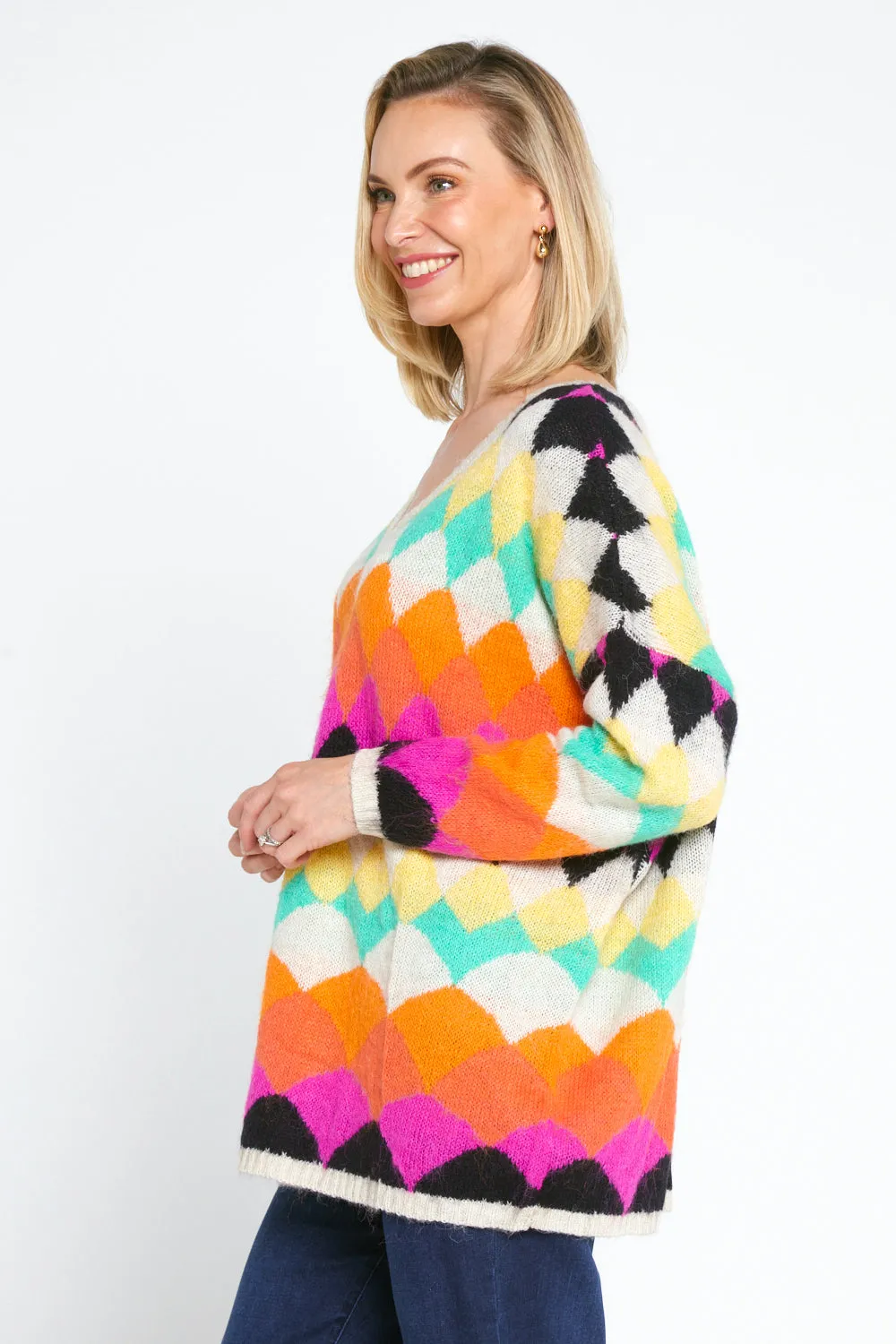 Argyle Knit Jumper - Cream/Rainbow