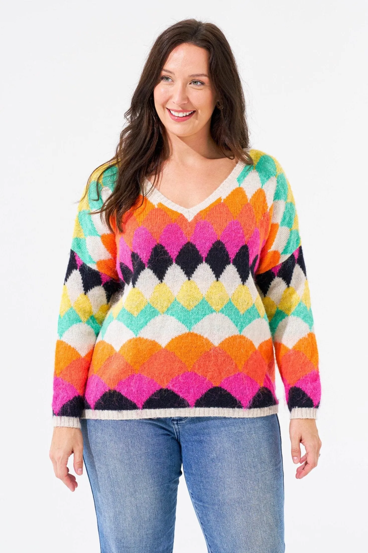 Argyle Knit Jumper - Cream/Rainbow