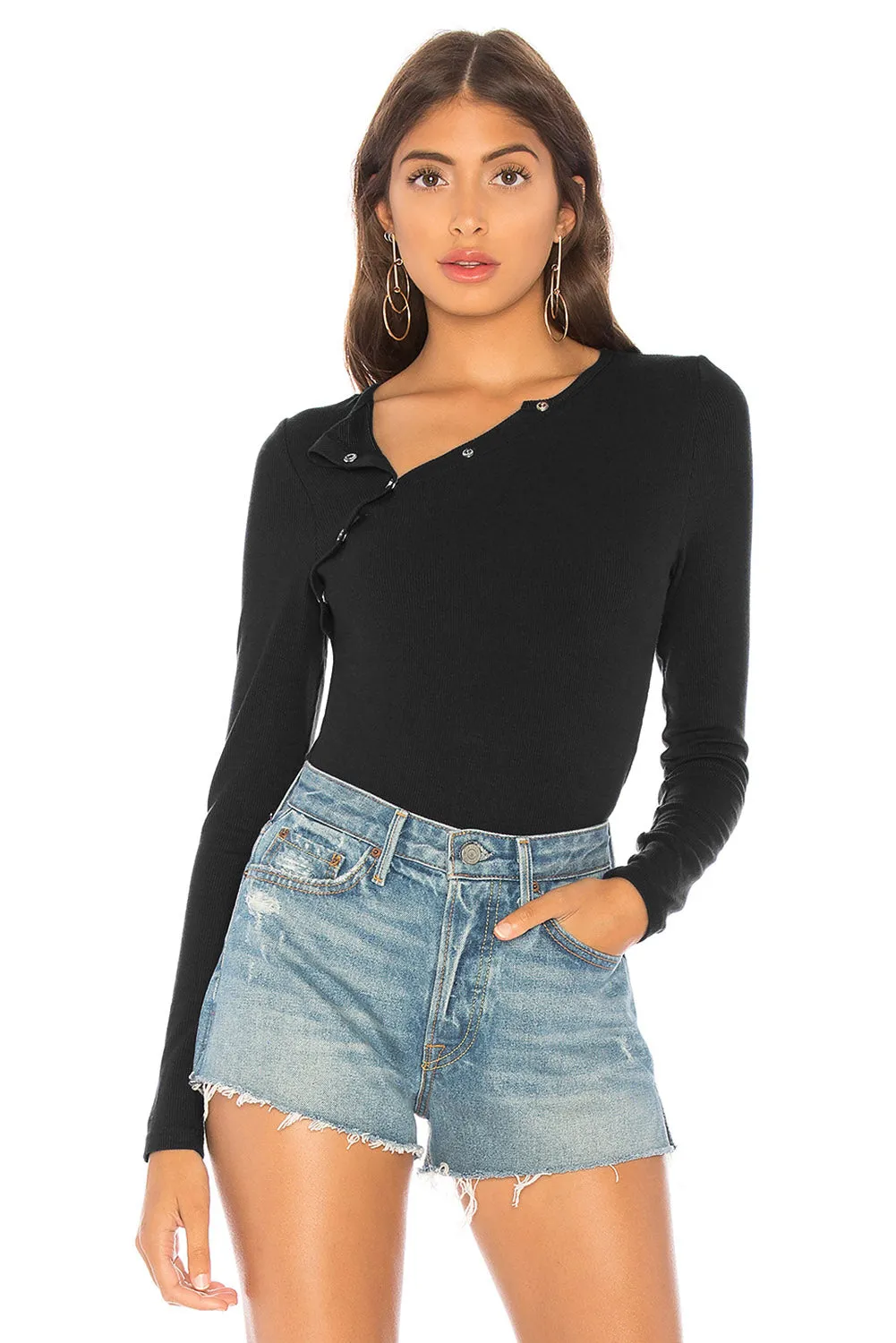 Asymmetric Snap Button Ribbed Knit Bodysuit