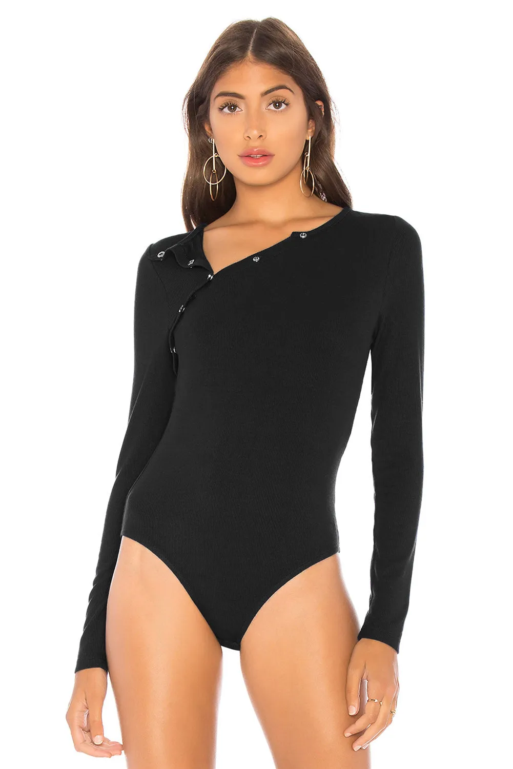 Asymmetric Snap Button Ribbed Knit Bodysuit