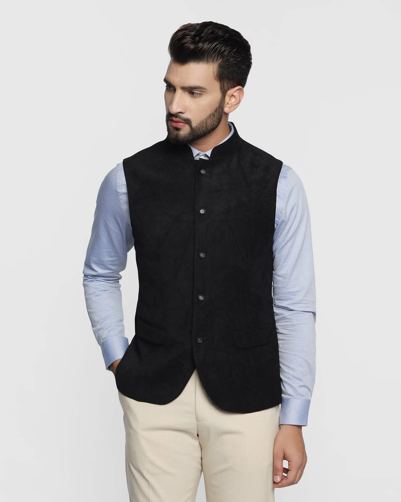 Bandhgala Casual Jet Black Textured Waistcoat - Vasteras