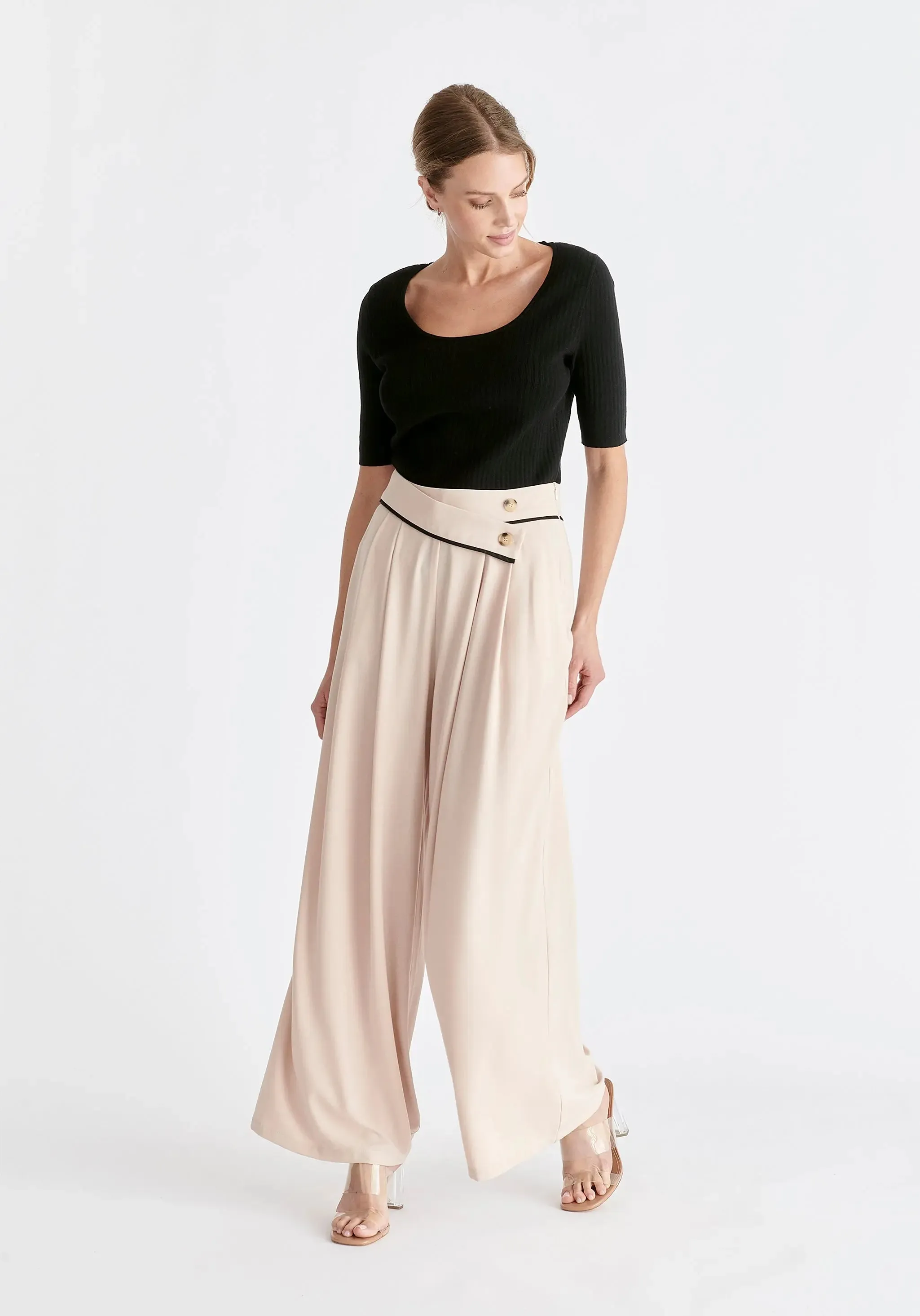 Beige and Black Asymmetric Waistband Trousers