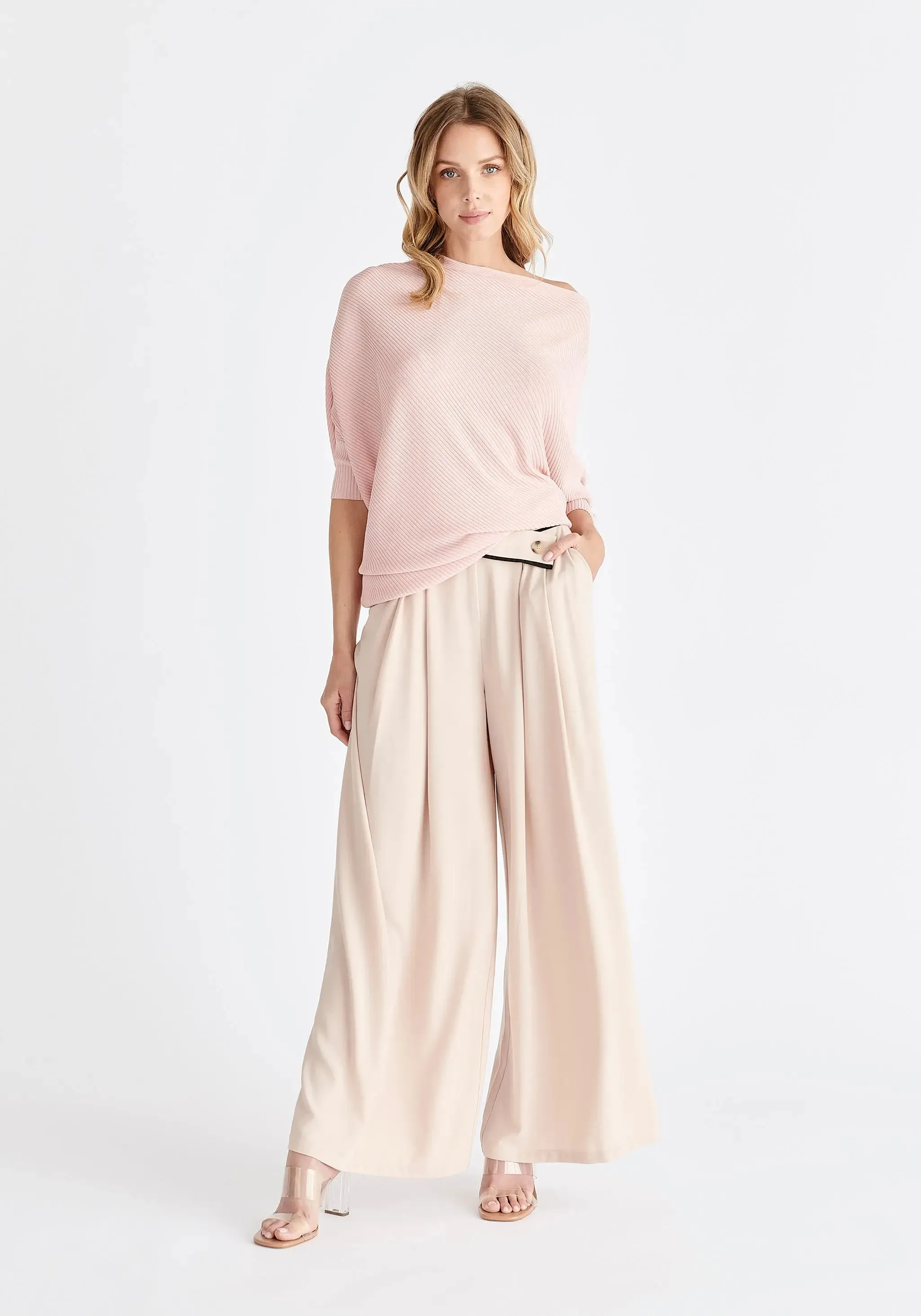 Beige and Black Asymmetric Waistband Trousers