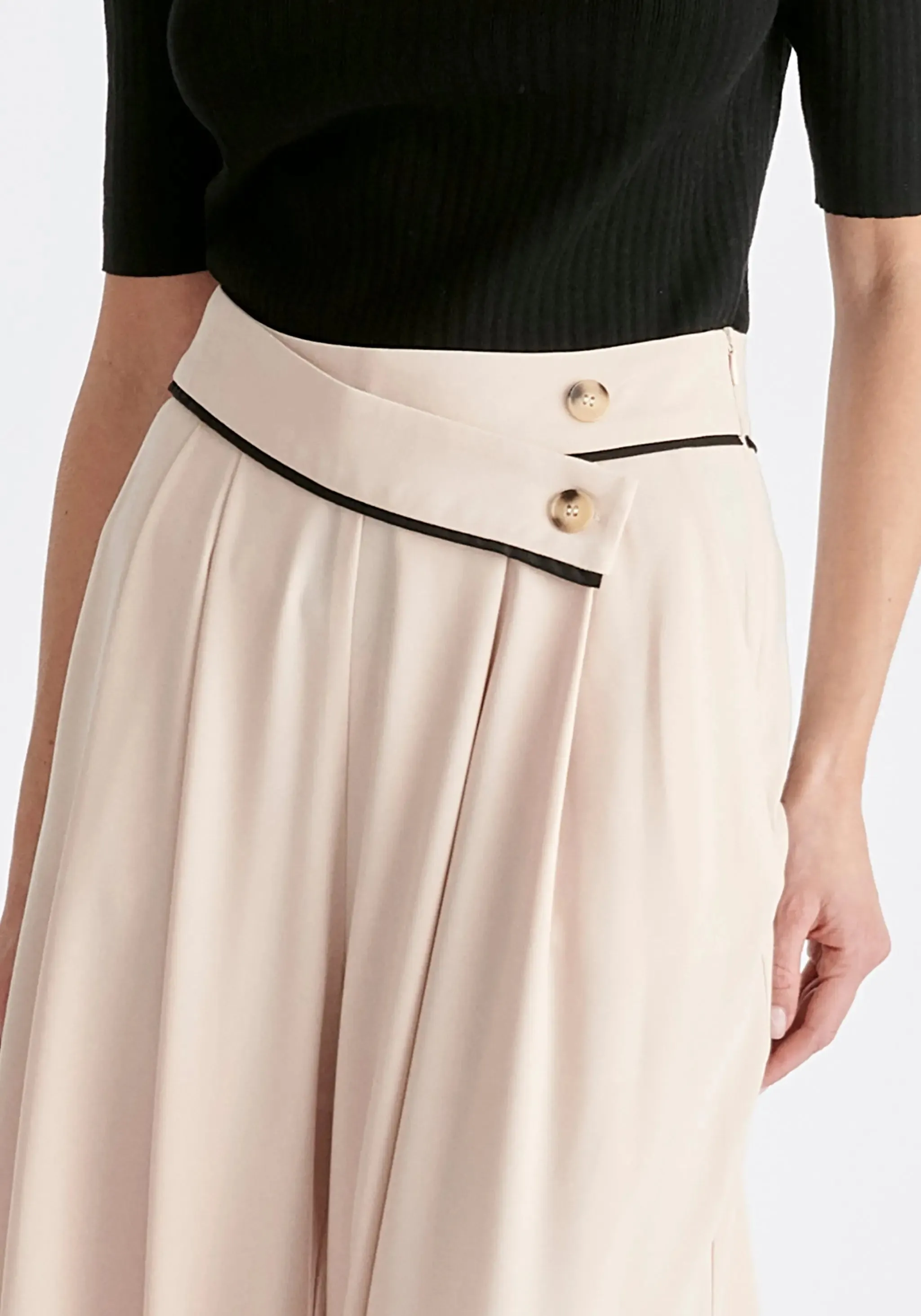 Beige and Black Asymmetric Waistband Trousers