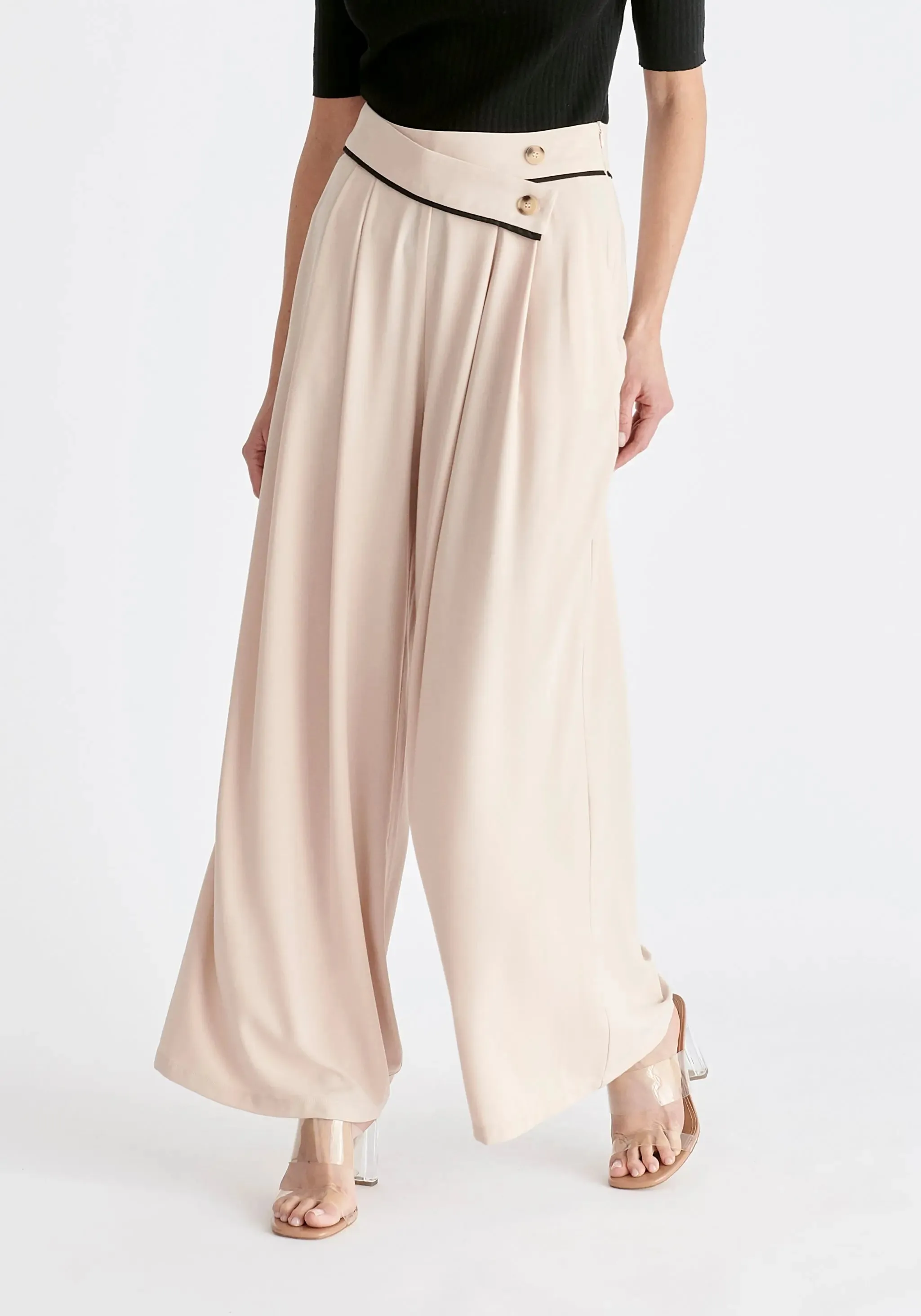 Beige and Black Asymmetric Waistband Trousers