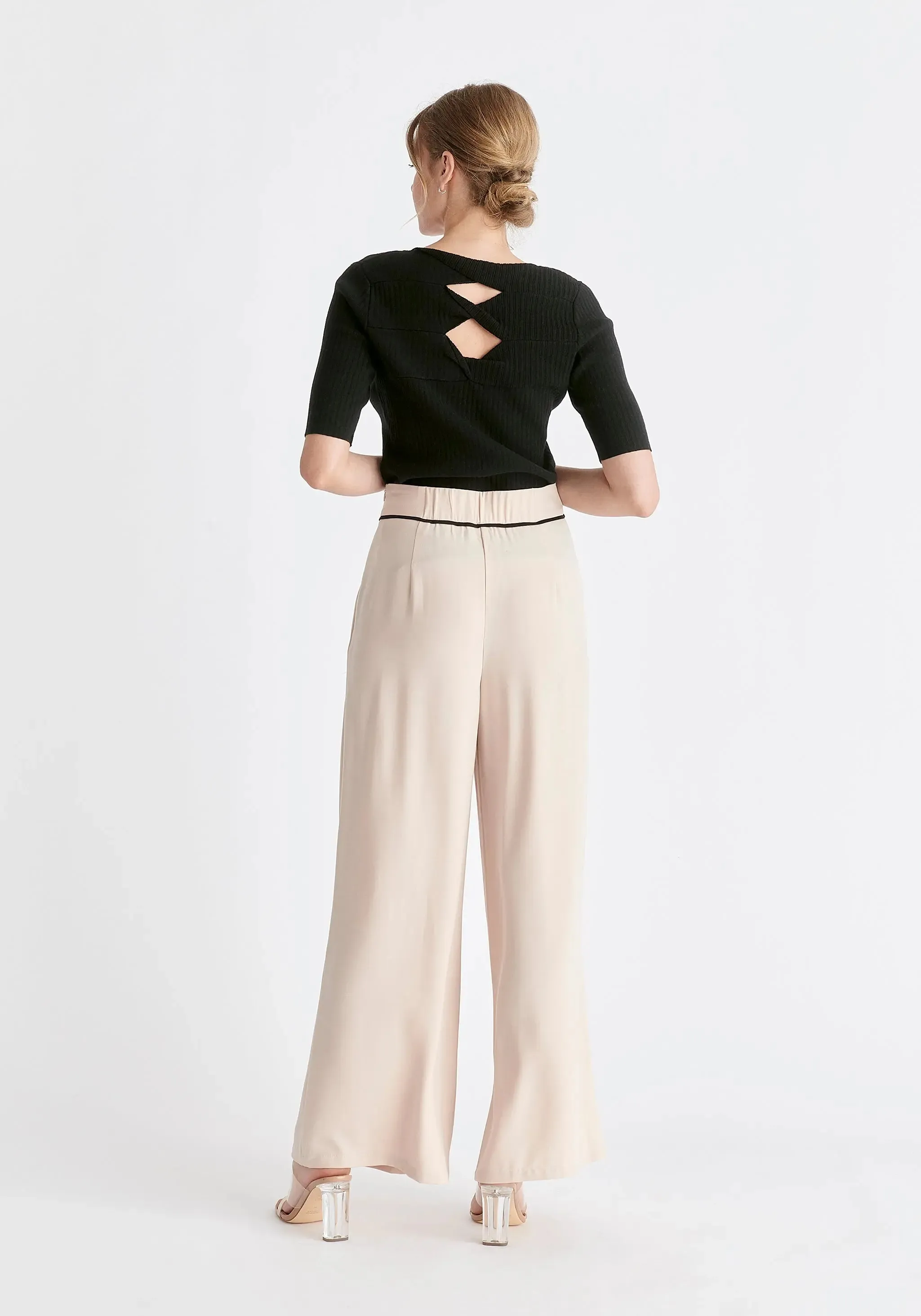 Beige and Black Asymmetric Waistband Trousers