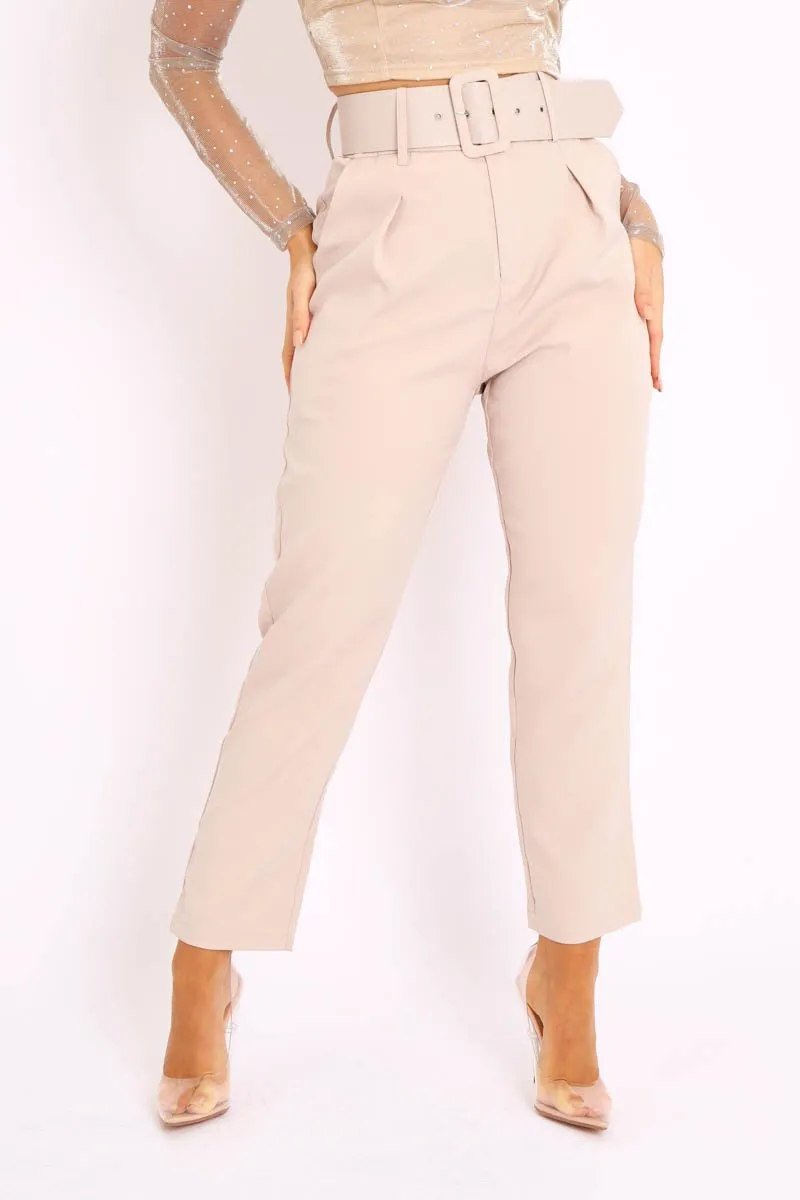 Beige Belted Tapered Peg Trousers - Jessika