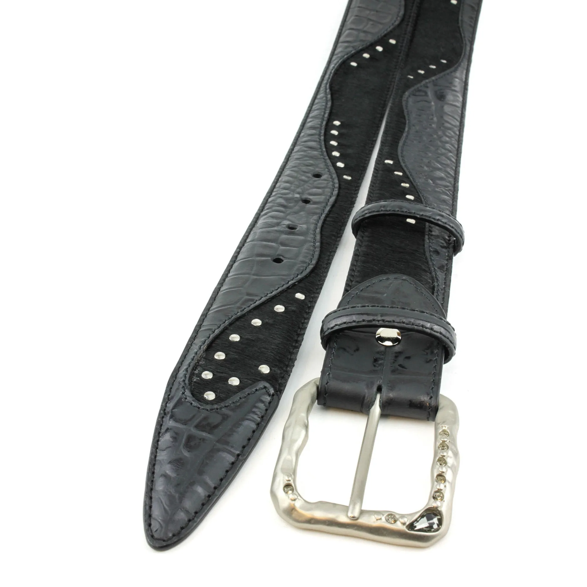 Belafonte Croc/Pony Mix Studded Crystal Prong Belt