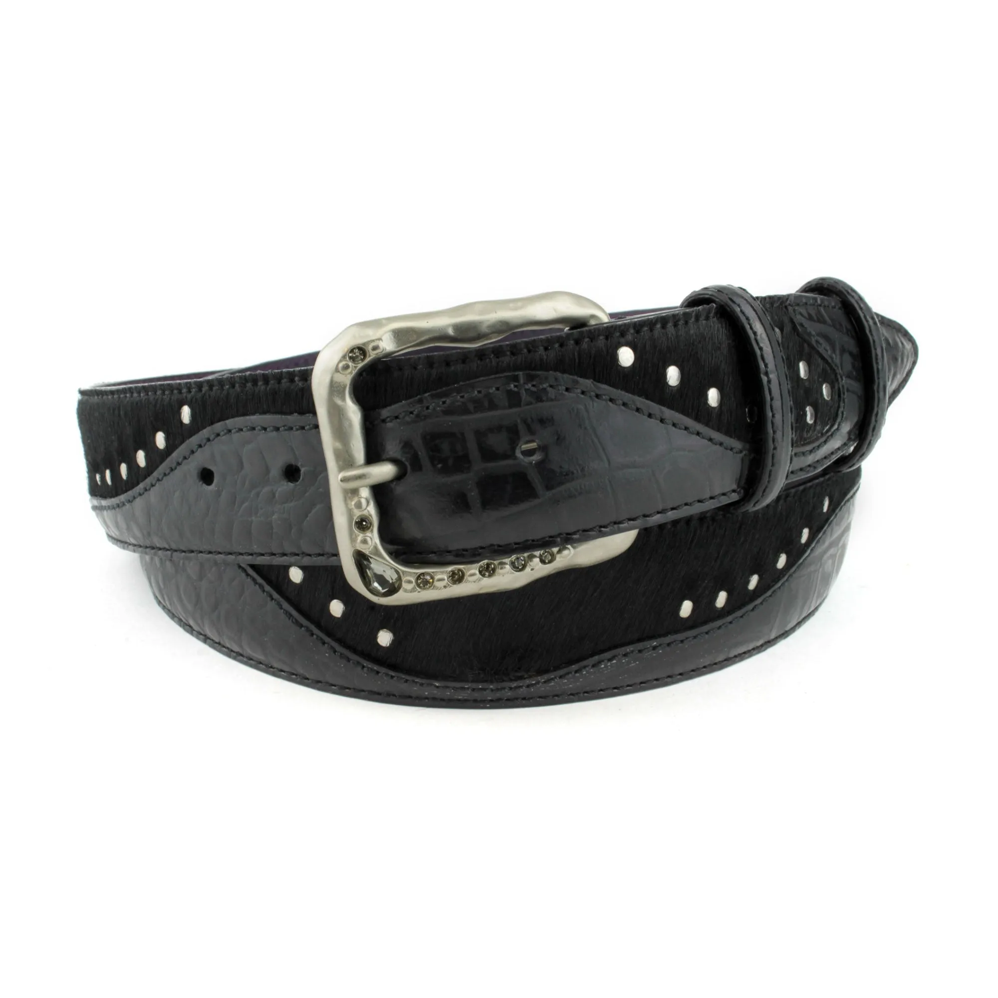 Belafonte Croc/Pony Mix Studded Crystal Prong Belt