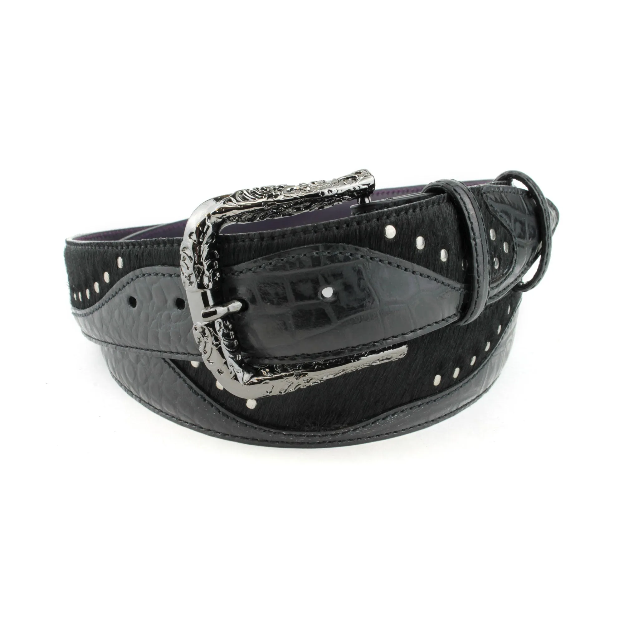 Belafonte Croc/Pony Mix Studded Filigree Prong Belt