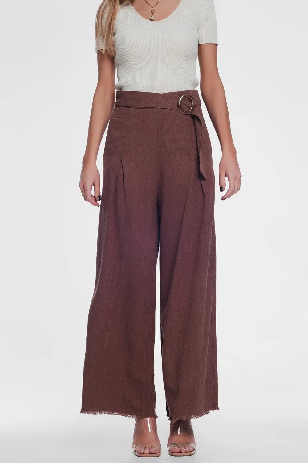 Belted High Waist Wideleg Trouser in Brown