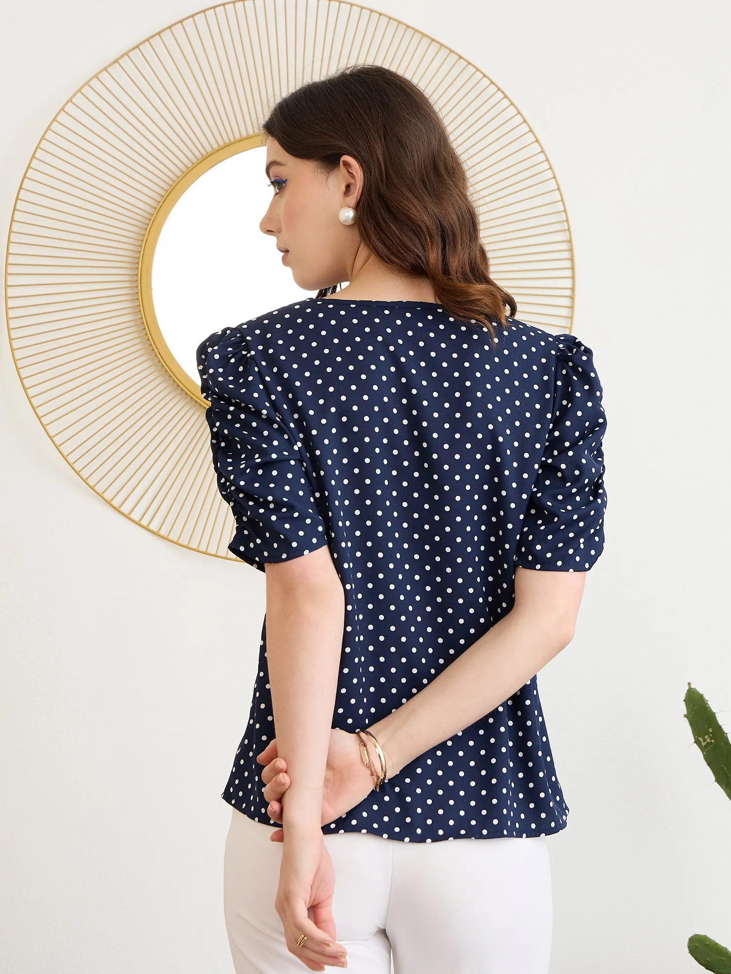 Berrylush BIZwear Women Navy Blue & White Polka Dot Printed V-Neck Puff Sleeves Regular Top