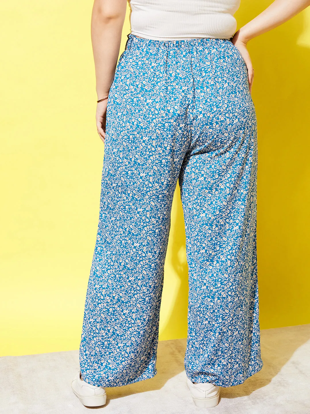 Berrylush Women Plus Size Blue & White Floral Printed High-Rise Elastic Waist Slip-On Regular Trousers