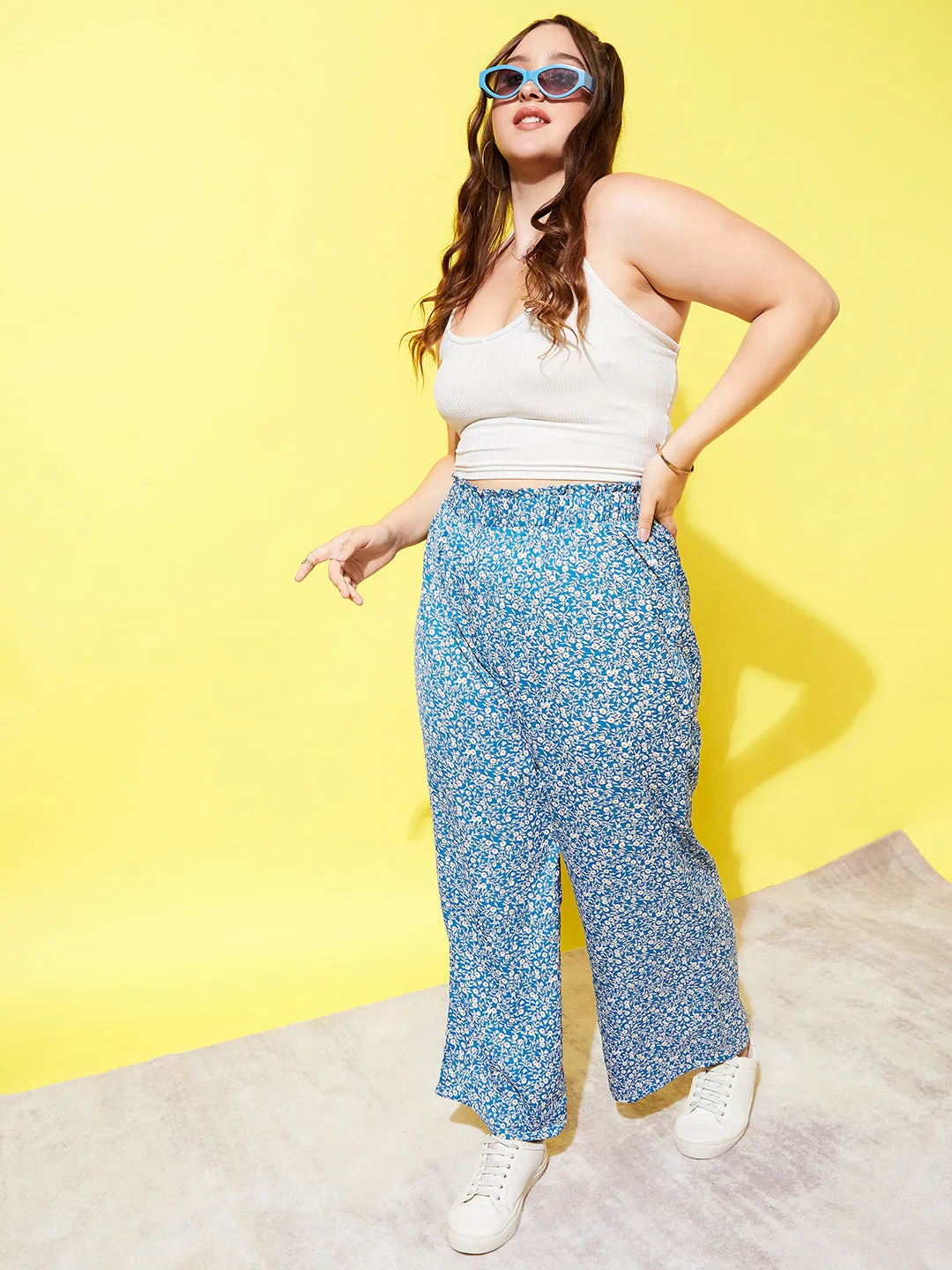 Berrylush Women Plus Size Blue & White Floral Printed High-Rise Elastic Waist Slip-On Regular Trousers