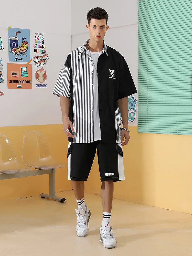 Black and white contrast side stripe letter print baggy quarter shorts with multiple pockets