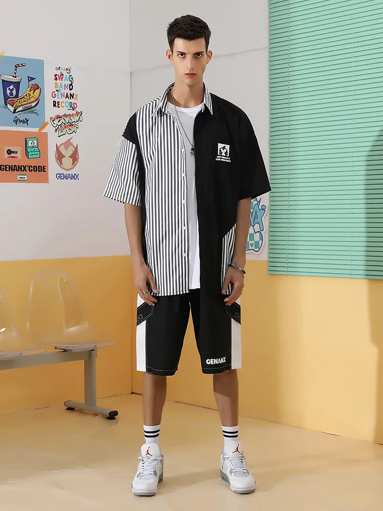 Black and white contrast side stripe letter print baggy quarter shorts with multiple pockets